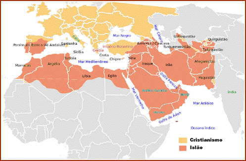 Mapa da expansao do islao com a Peninsula Iberica